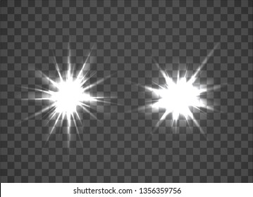 White light explodes on transparent background. Glow light effect vector illustration. Star burst. Spotlights.