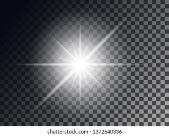 White light, flash. Bright star. Shimmering brilliance. Vector design element on isolated transparent dark background.