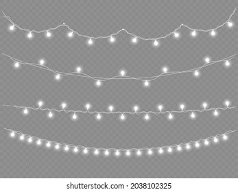 White light garland on a transparent background. LED neon lights for holiday cards, banners, posters, web designs. Garlands, Christmas decorations. Vector illustration, eps 10.