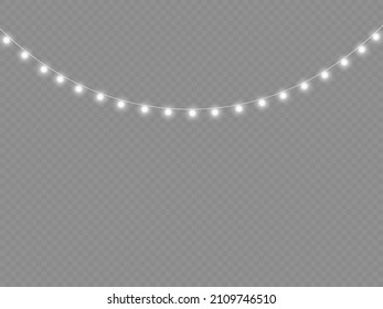 White light garland on a transparent background. Garlands, Christmas decorations. LED neon lights for holiday cards, banners, posters, web designs. Vector illustration, eps 10.