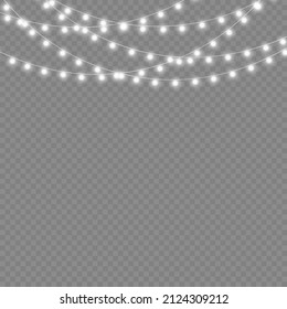 White light garland on a transparent background. LED neon lights for holiday cards, banners, posters, web designs. Garlands, Christmas decorations. Vector illustration, eps 10.