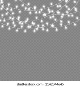 White light garland on a transparent background. LED neon lights for holiday cards, banners, posters, web designs. Garlands, Christmas decorations. Vector illustration, eps 10.
