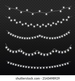 White light garland on a transparent background. LED neon lights for holiday cards, banners, posters, web designs. Garlands, Christmas decorations. Vector illustration, eps 10.