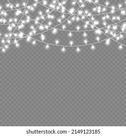 White light garland on a transparent background. LED neon lights for holiday cards, banners, posters, web designs. Garlands, Christmas decorations. Vector illustration, eps 10.