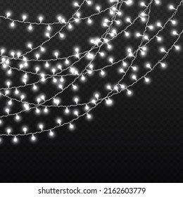 White light garland on a transparent background. LED neon lights for holiday cards, banners, posters, web designs. Garlands, Christmas decorations. Vector illustration, eps 10.