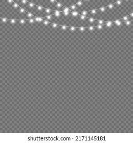 White light garland on a transparent background. Garlands, Christmas decorations. LED neon lights for holiday cards, banners, posters, web designs. Vector illustration, eps 10.