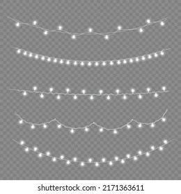 White light garland on a transparent background. Garlands, Christmas decorations. LED neon lights for holiday cards, banners, posters, web designs. Vector illustration, eps 10.