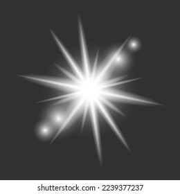 White light glow effect, light rays. Radiant flash, lens flare, on dark background, vector illustration.