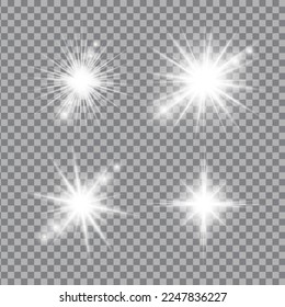 White light glow effect, light rays set. Radiant flash, lens flare, vector illustration.