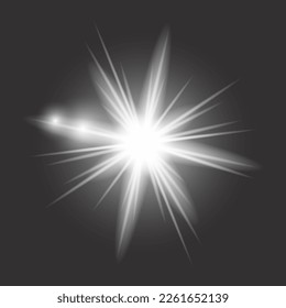 White light glow effect, light rays. Radiant flash, lens flare, on dark background, vector illustration.