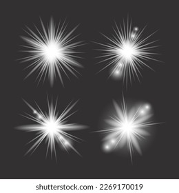 White light glow effect, light rays set. Radiant flash, lens flare, on dark background, vector illustration.