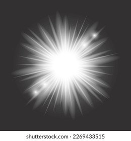 White light glow effect, light rays. Radiant flash, lens flare, on dark background, vector illustration.