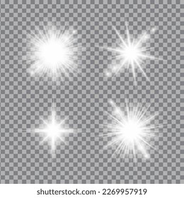 White light glow effect, light rays set. Radiant flash, lens flare, vector illustration.