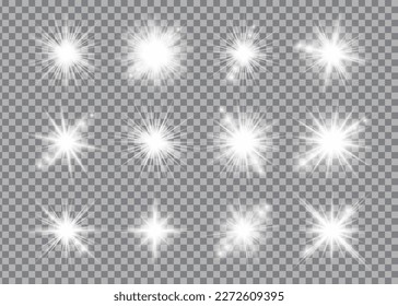 White light glow effect, light rays set. Radiant flash, lens flare, vector illustration.