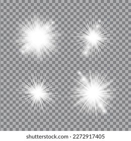 White light glow effect, light rays set. Radiant flash, lens flare, vector illustration.