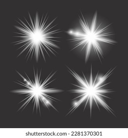 White light glow effect, light rays set. Radiant flash, lens flare, on dark background, vector illustration.