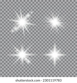 White light glow effect, light rays set. Radiant flash, lens flare, vector illustration.