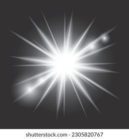 White light glow effect, light rays. Radiant flash, lens flare, on dark background, vector illustration.
