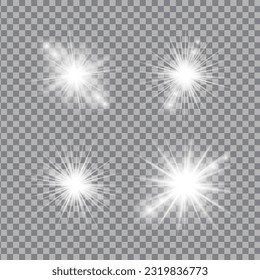 White light glow effect, light rays set. Radiant flash, lens flare, vector illustration.