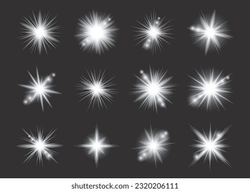 White light glow effect, light rays set. Radiant flash, lens flare, on dark background, vector illustration.