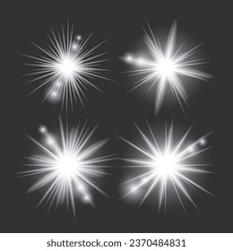 White light glow effect, light rays set. Radiant flash, lens flare, on dark background, vector illustration.