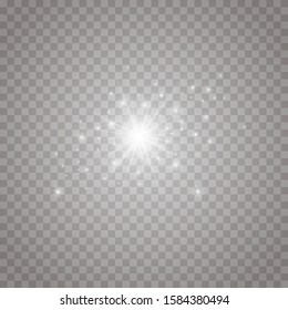 White light glowing explosion burst on a transparent background. Vector illustration light effect decoration with ray. Bright Star. Transparent sunshine, bright flash. In the center is a bright flash