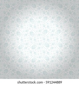 White, light gray decorative seamless pattern in curly floral style. Bright, symmetric design for surface, fabric, web or other purpose.