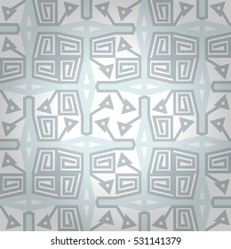 White, light gray geometrical seamless pattern background in savage tribes style. Entangled puzzle repeatable backdrop.