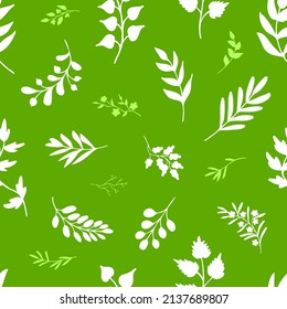 White and light green leaves, twigs on green background. Endless herbal pattern. Simple and nice eco sketch design for prints on paper, fabric