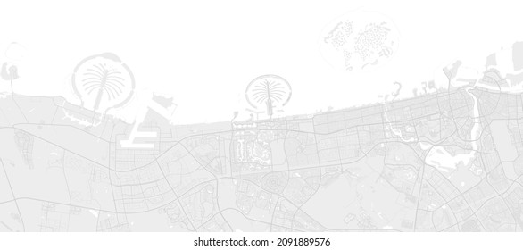 White and light grey Dubai City area vector background map, streets and water cartography illustration. Widescreen proportion, digital flat design streetmap.