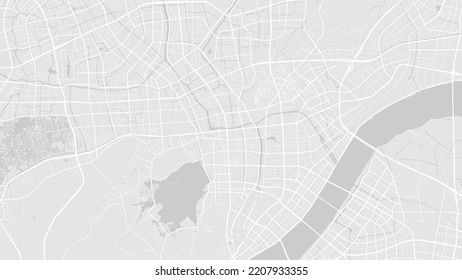 White and light grey Hangzhou city area vector background map, roads and water illustration. Widescreen proportion, digital flat design roadmap.