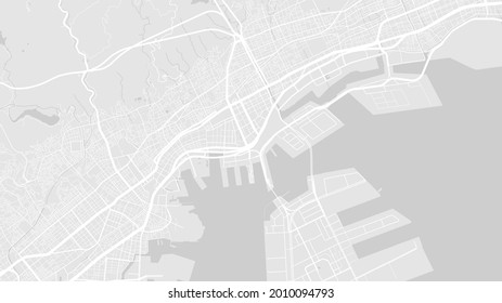 White and light grey Kobe City area vector background map, streets and water cartography illustration. Widescreen proportion, digital flat design streetmap.