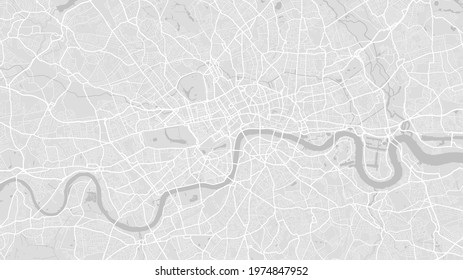 White and light grey London city area vector background map, streets and water cartography illustration. Widescreen proportion, digital flat design streetmap.