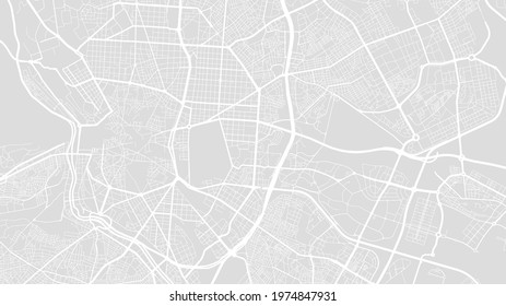 White and light grey Madrid city area vector background map, streets and water cartography illustration. Widescreen proportion, digital flat design streetmap.