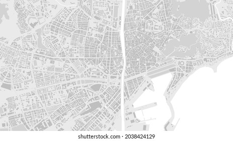 White and light grey Malaga City area vector background map, streets and water cartography illustration. Widescreen proportion, digital flat design streetmap.