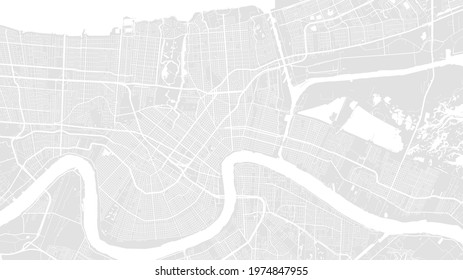 White and light grey New Orleans city area vector background map, streets and water cartography illustration. Widescreen proportion, digital flat design streetmap.