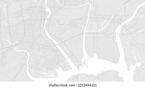 White and light grey Okayama city area vector background map, roads and water illustration. Widescreen proportion, digital flat design roadmap.