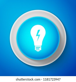 White Light lamp sign. Bulb with lightning symbol icon isolated on blue background. Idea symbol. Circle blue button with white line. Vector Illustration