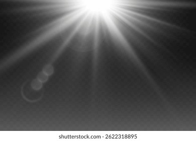 White light lens flare, flash of light rays of light and stars.