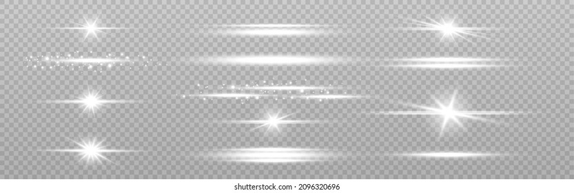 Líneas de luz blanca. Colección de bengalas horizontales. Conjunto de líneas de brillo abstracto. Vigas brillantes sobre un fondo transparente. La energía futurista estalla. Ilustración vectorial.