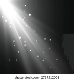 Raios de luz brancos com partículas de poeira em fundo preto e branco	
