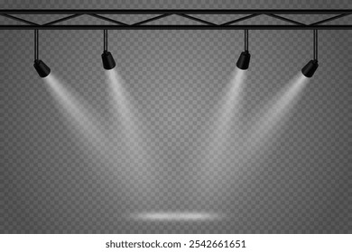 Rayos de luz blanca de un foco, luz de escenario. Sobre un fondo transparente.