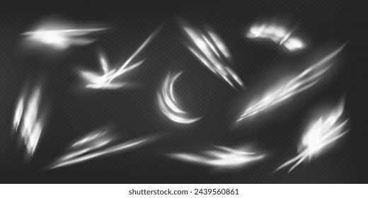 White light refraction realistic vector illustration set. Shining of sparks 3d elements on transparent background. Illumination effect template