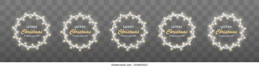 White light ring and garlands for Christmas. Christmas card. Round Merry Christmas frames with stars.