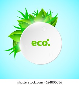 White, light round banner in the summer style. Fresh leaves and grass. Drops of dew flow down the leaves. Ecological banner. Realistic vector illustration. EPS 10