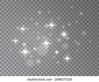 White light shine stars. Glowing burst, silver flashes. Bright lightness effect, blur holiday elements. Magic sparkle glitters exact vector background