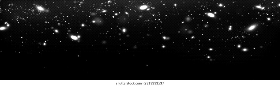White light sparkles glowing border on black transparent background. Vector realistic illustration of shiny fireflies, magic power effect, confetti bokeh overlay pattern, abstract stardust texture