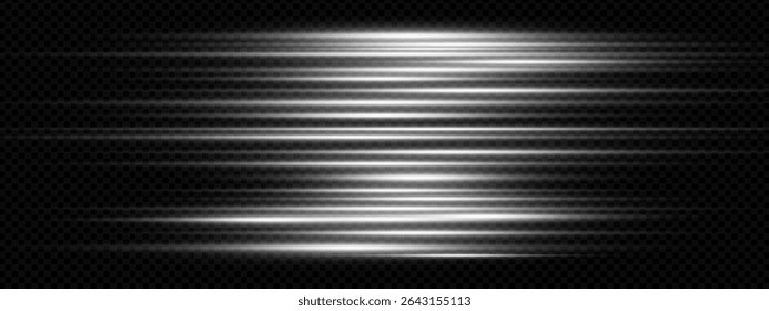 White light speed trail with silver blur effect on dark abstract background. Futuristic flare, glowing ray and energy streaks create dynamic motion. Perfect for tech banners or digital posters. Vector