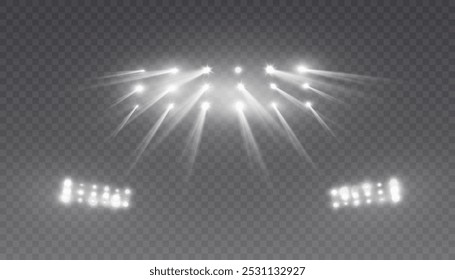 Foco de luz blanca. Iluminación de escenario y estadio con luces estroboscópicas led brillantes. Espectáculo de luz láser.