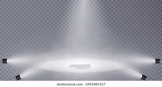 White light spotlights with isolated place for stage and presentations. Vector glowing spotlight light effect with transparent beams and translucent smoke